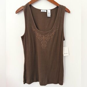 NWT Liz & Co. Women’s Brown Embroidered Scoop Neck Tank Top Sleeveless Size L